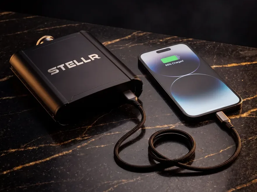 STELLR flask charging a phone